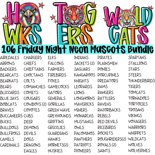 Friday Night Neon Mascot Spirit Wear Graphic Tee 106 Mascots Available