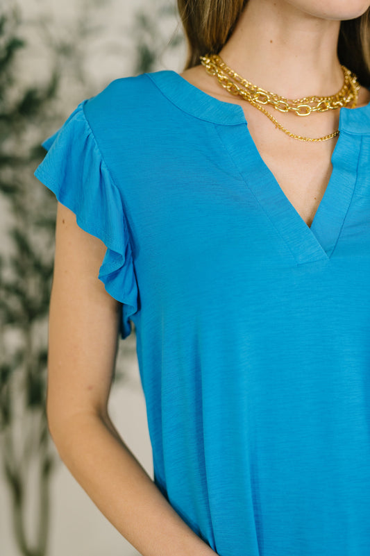 Lizzy Flutter Sleeve V-Neck Blouse in in Aqua