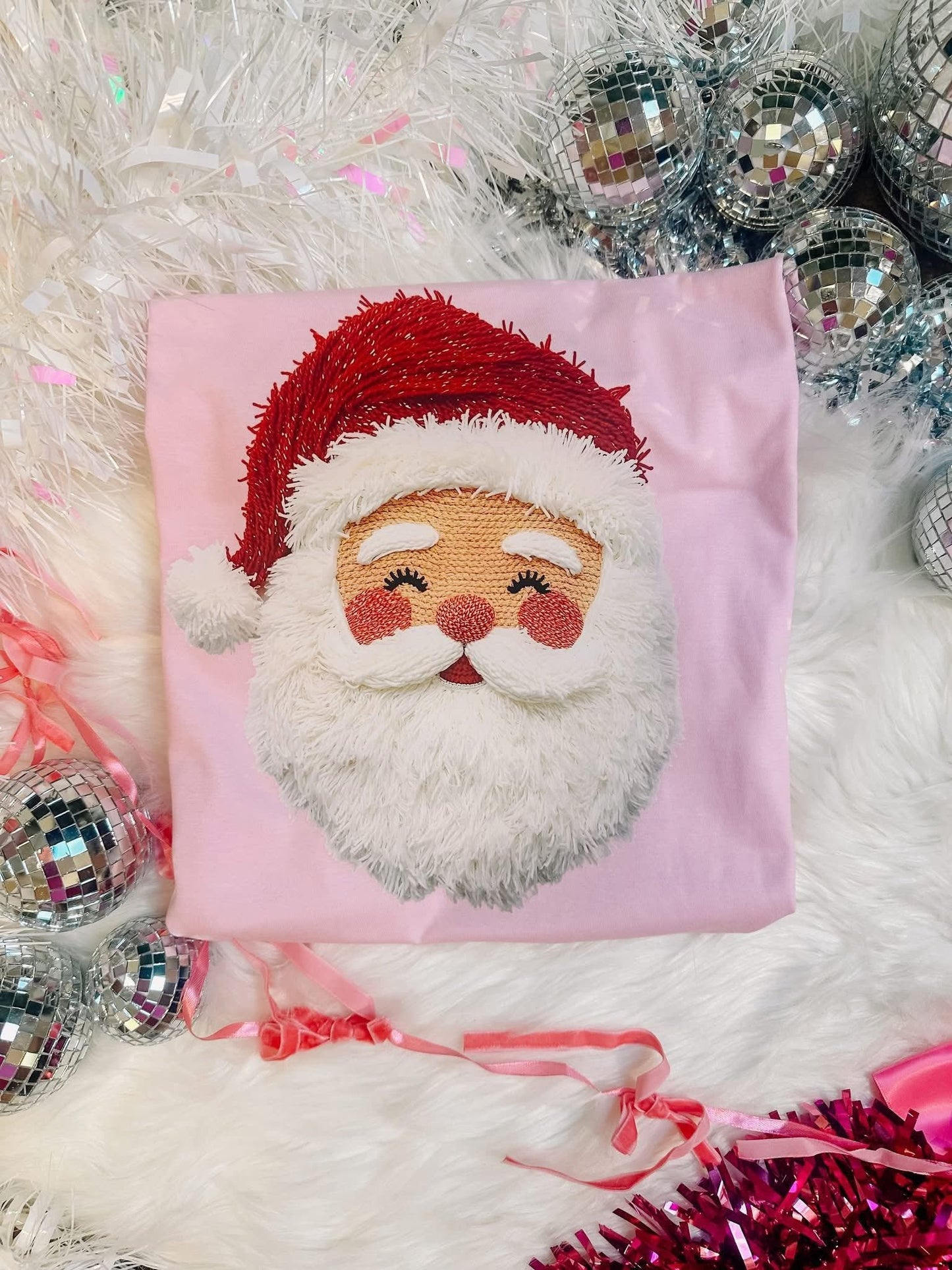 Faux Tufted Santa Graphic Tee and Sweatshirt