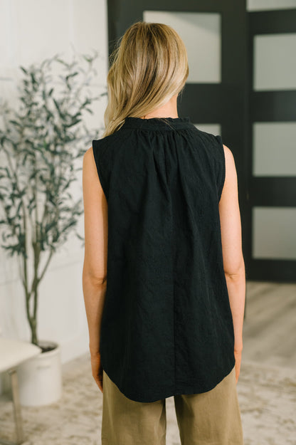 Camellia Split Neck Embroidered Tank in Black