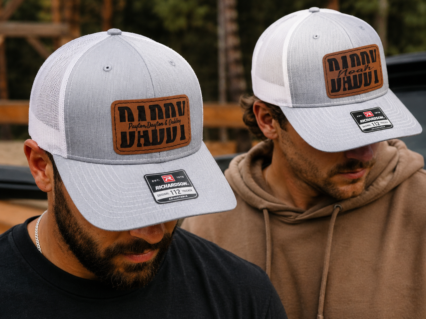 Personalized Dad Richardson 112 Hat | Leather Patch Trucker Hat | Daddy, Grandpa Dad Gift | Engraved Dad Cap