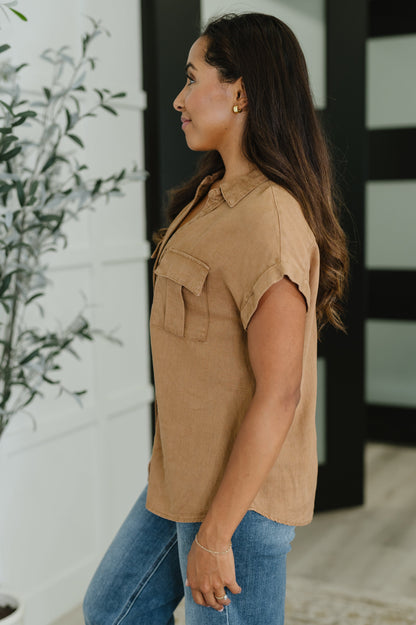 Cloud Nine to Five Button Down Blouse in Deep Camel
