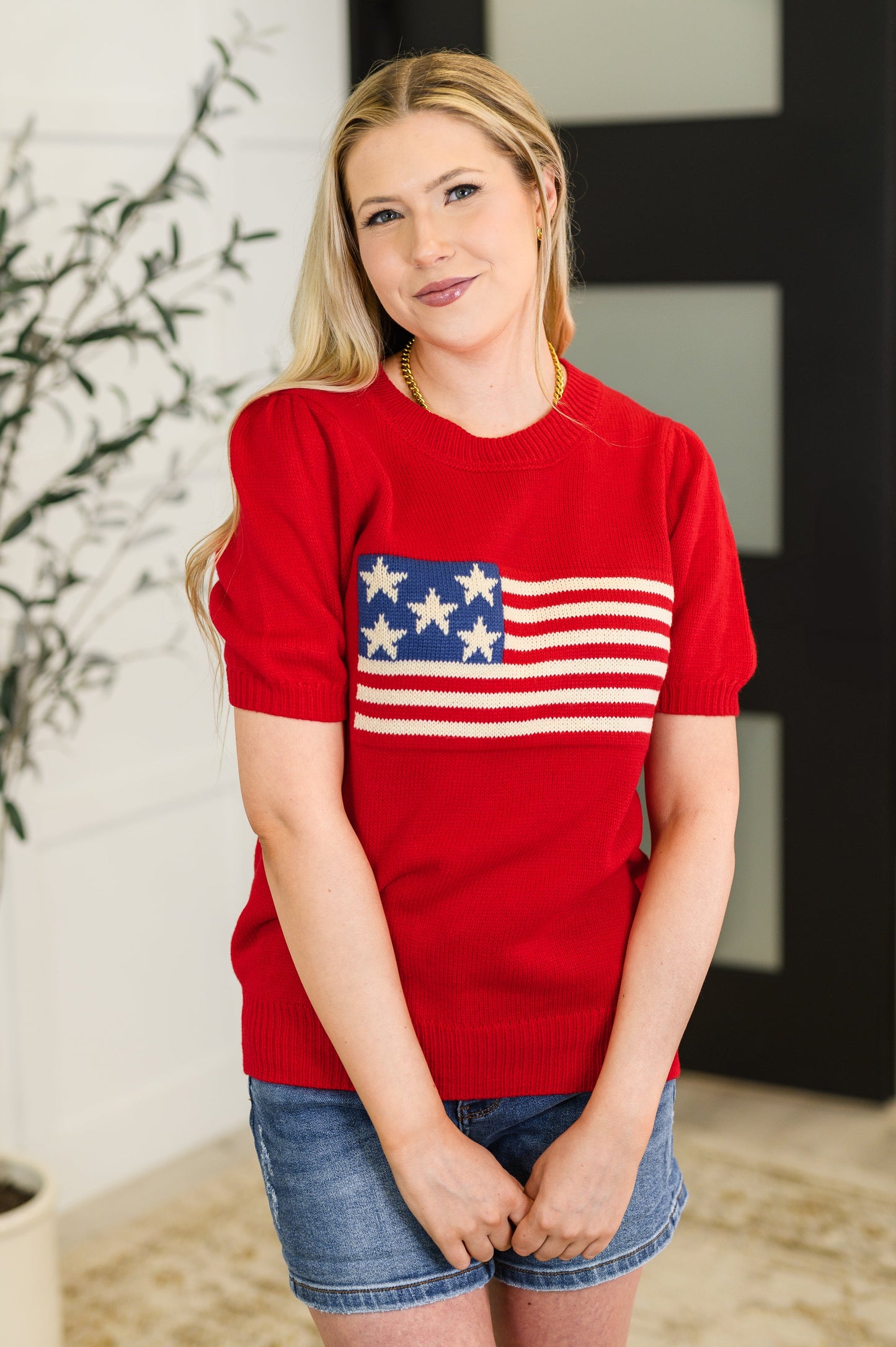 Hand Over Heart Graphic Knit Top in Red
