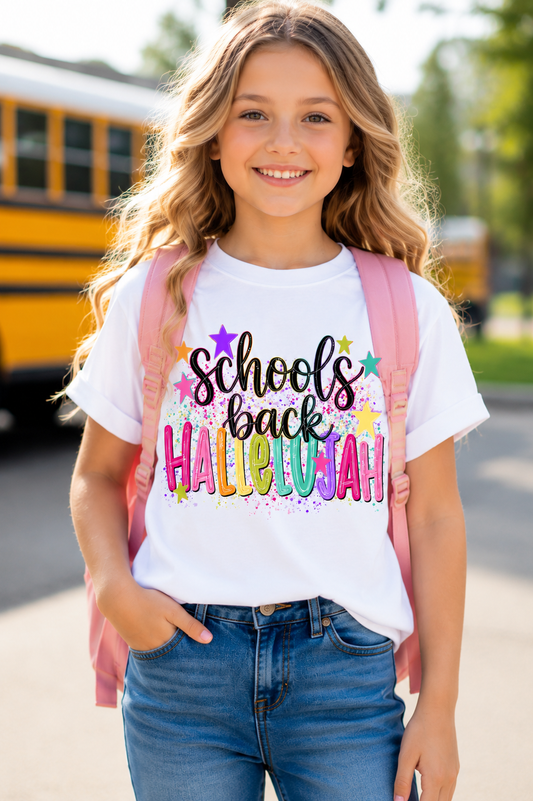 Schools Back Hallelujah Shirt | Christian Back to School Teacher Tee | Colorful School Shirt | Faith Based Teacher T-Shirt | First Day of School Tee