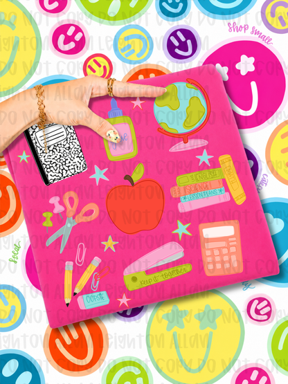 Teacher Essentials Graphic Tee | Colorful School Supplies Teacher Shirt | Back to School Teacher Tee Gift for Educators