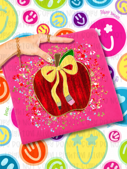 Teacher Apple Pencil Bow Shirt | Cute Teacher Graphic Tee | Back to School Shirt | Teacher Appreciation Gift | Classroom Style Tee 🍎✏️🎀