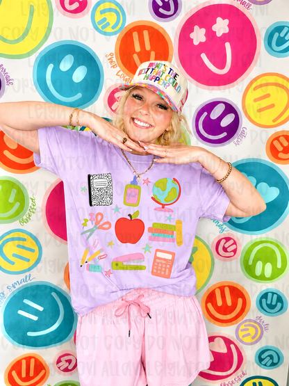 Teacher Essentials Graphic Tee | Colorful School Supplies Teacher Shirt | Back to School Teacher Tee Gift for Educators