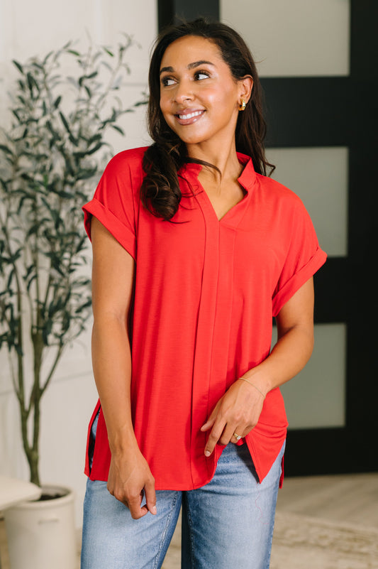 Lizzy Bloom Split Neck Blouse in Red
