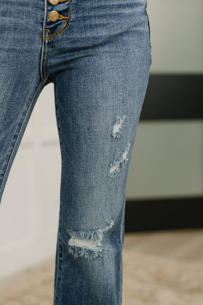 Marion Mid Rise Button Fly Flare with Destroy Fray Hem