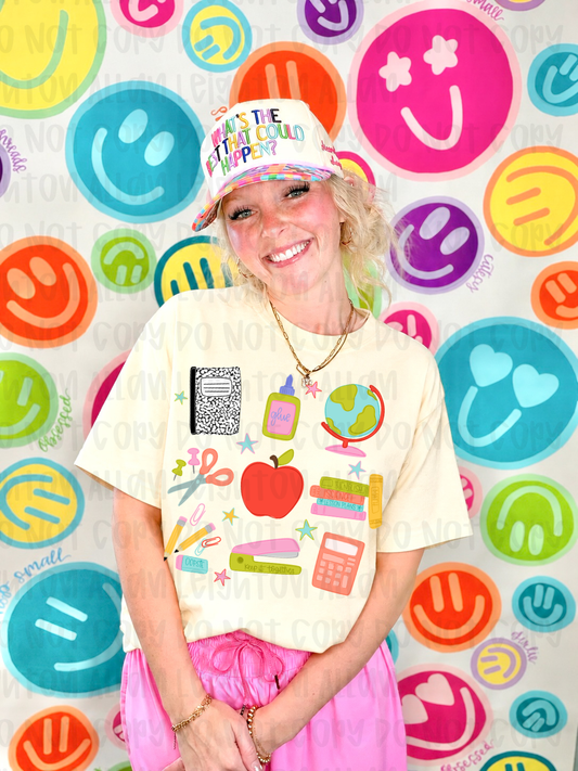 Teacher Essentials Graphic Tee | Colorful School Supplies Teacher Shirt | Back to School Teacher Tee Gift for Educators