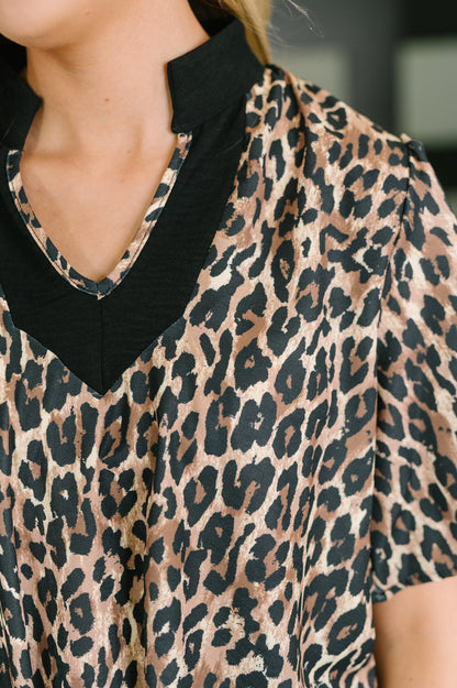 Sassy Season Split Neck Leopard Print Blouse