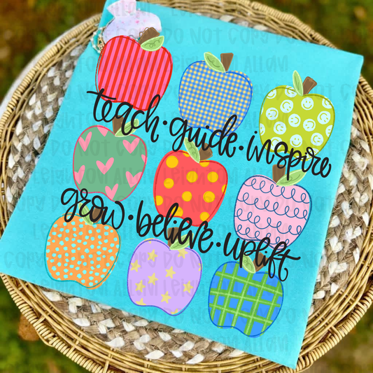 Teach Guide Inspire Teacher Apple Graphic Tee | Colorful Back to School Shirt
