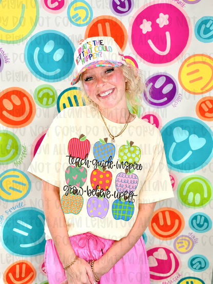 Teach Guide Inspire Teacher Apple Graphic Tee | Colorful Back to School Shirt