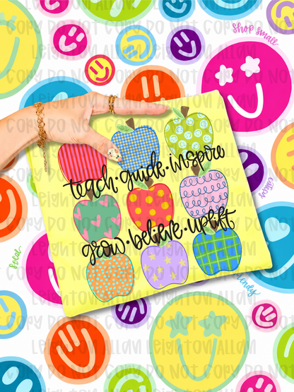 Teach Guide Inspire Teacher Apple Graphic Tee | Colorful Back to School Shirt