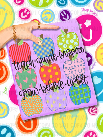 Teach Guide Inspire Teacher Apple Graphic Tee | Colorful Back to School Shirt