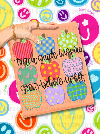 Teach Guide Inspire Teacher Apple Graphic Tee | Colorful Back to School Shirt