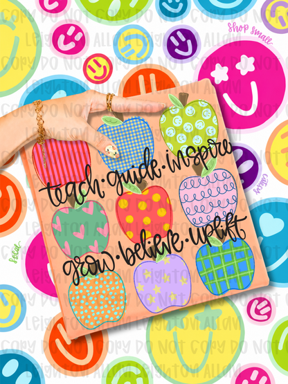 Teach Guide Inspire Teacher Apple Graphic Tee | Colorful Back to School Shirt
