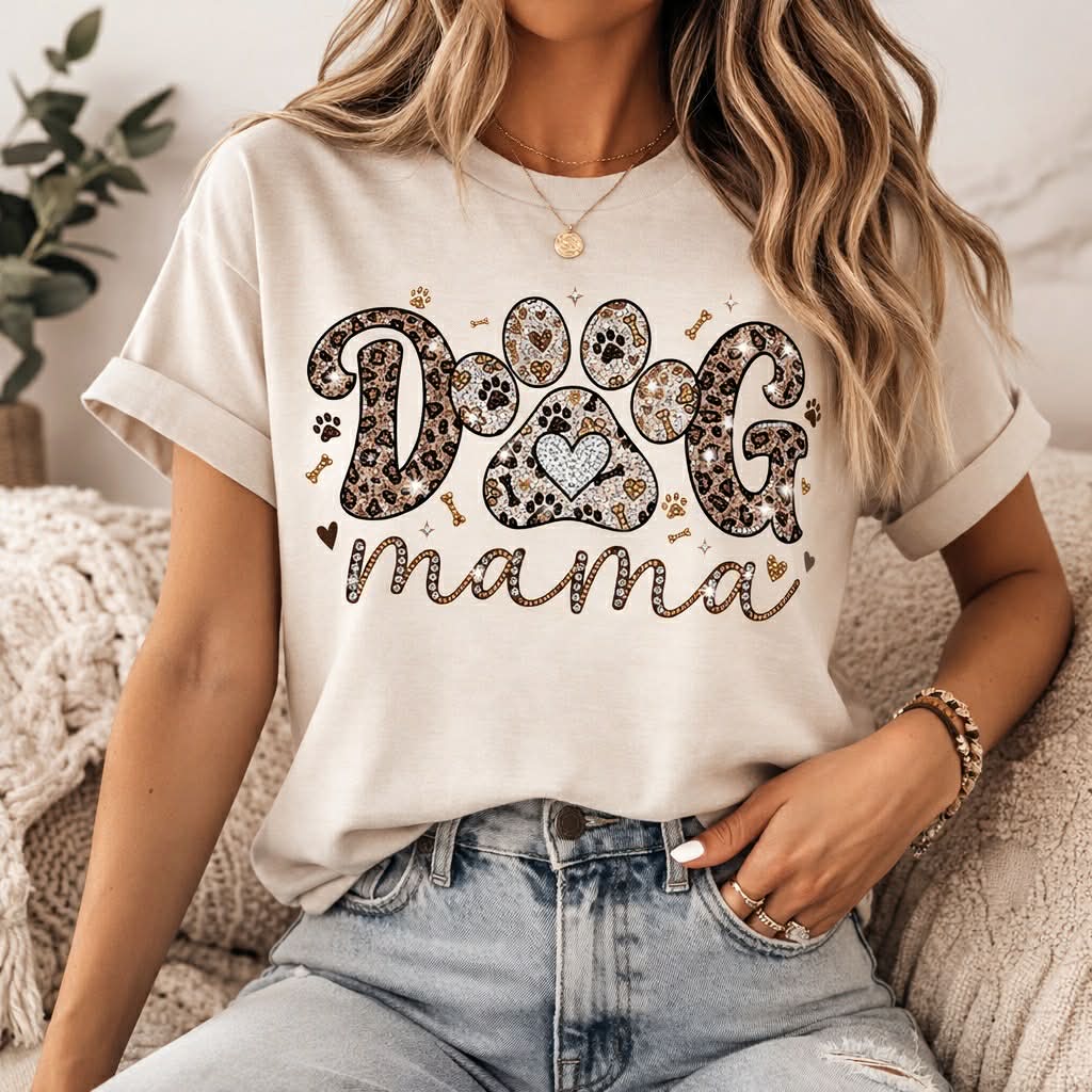 🐾 Dog Mama Shirt – Leopard Print Paw Graphic Tee – Cute Dog Lover Gift – Trendy Pet Mom Shirt